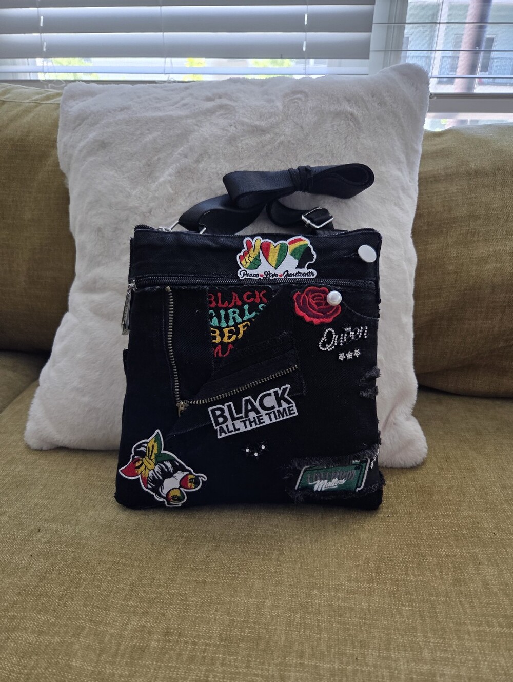 JUNETEENTH Black upcycled Patchwork Crossbody Bag with Colorful Patches